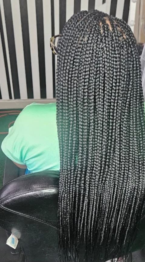 Black box braids worn past the waist