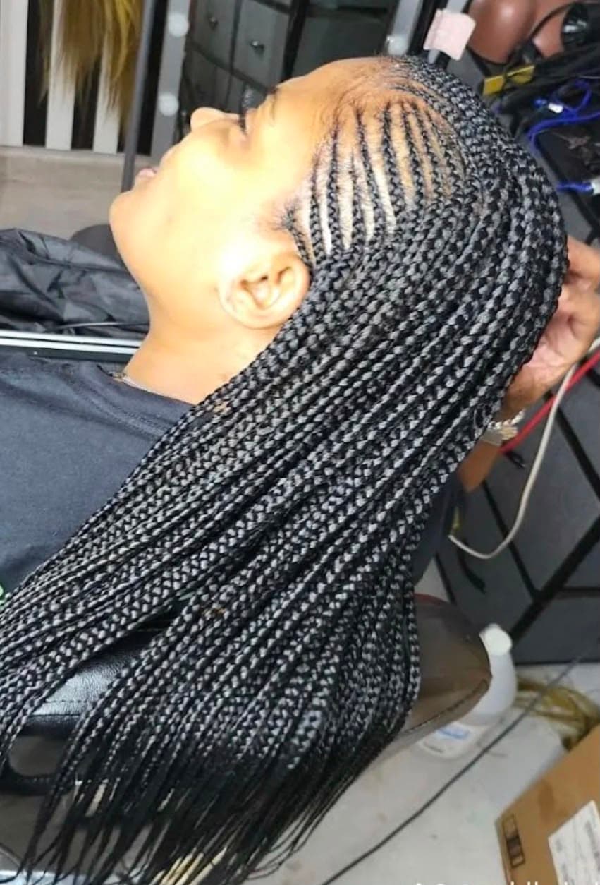 Fulani braids with a cornrowed crown pattern