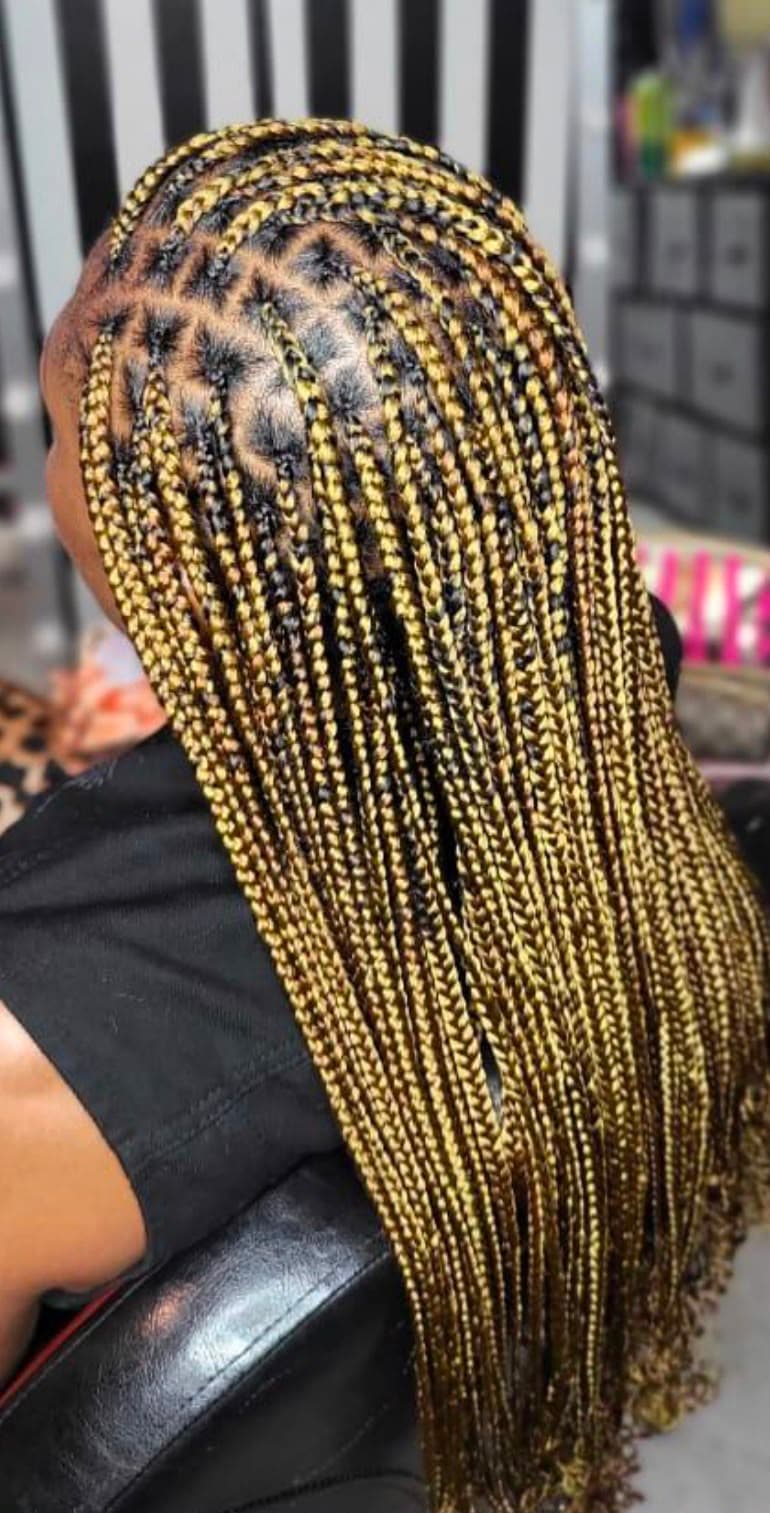 Honey-blonde knotless box braids worn long
